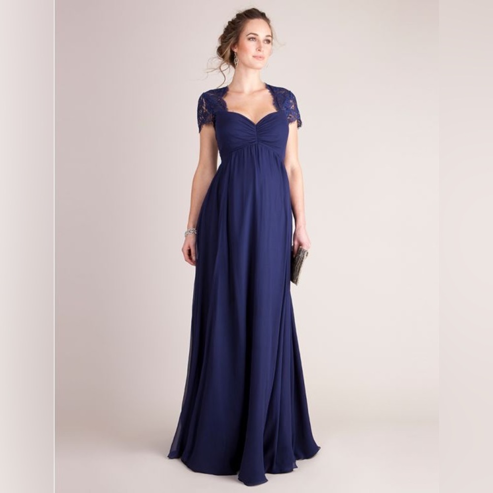Maternity Formal Gown - Seraphine Navy Blue Silk & Lace Dress